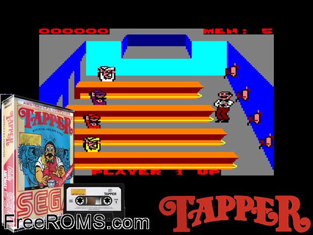 Tapper (UK) (1986) [a1] Amstrad CPC game showing 3D box cover and gameplay screenshot